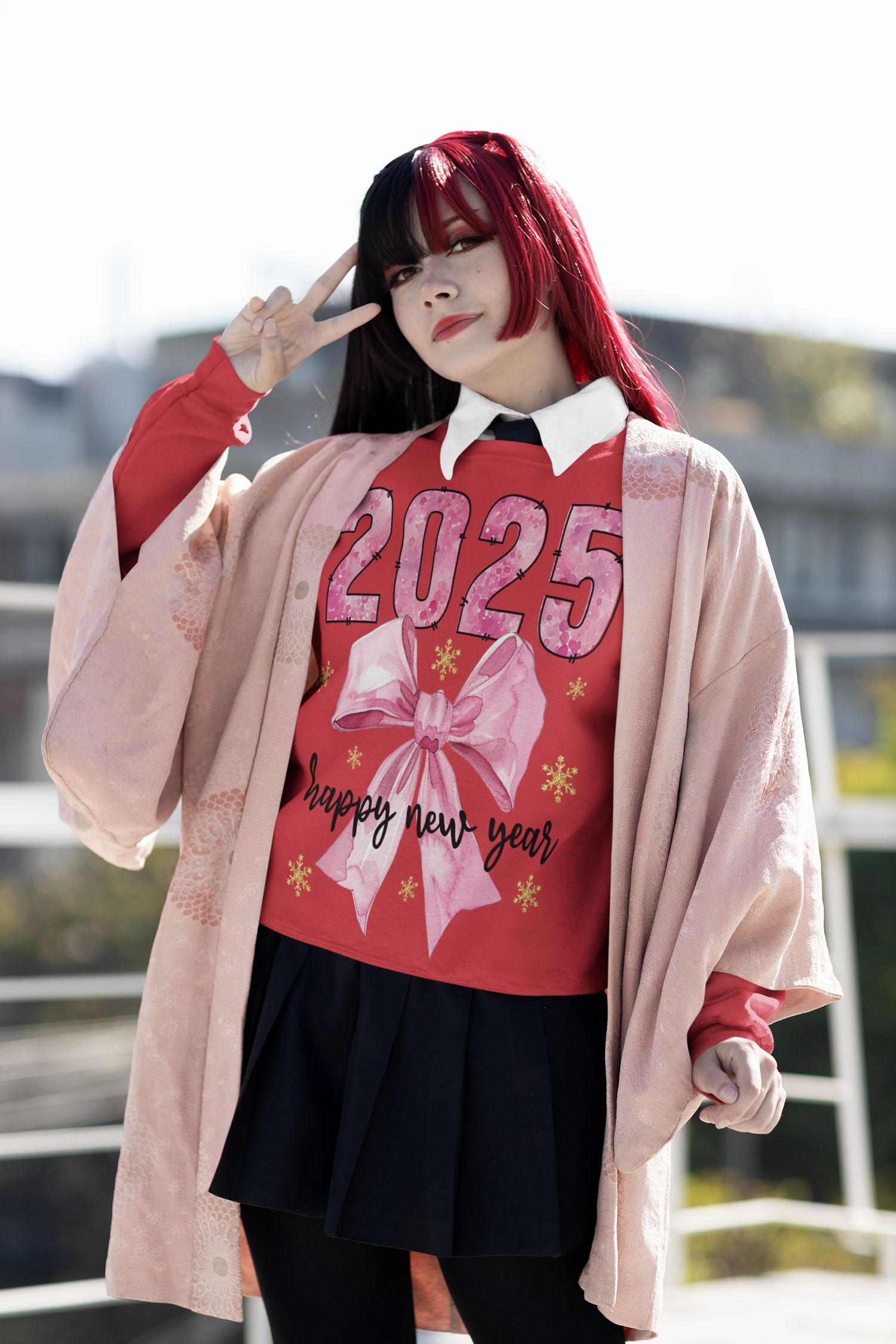 gildan-sweatshirt-wearing-a-harajuku-aesthetic-red hair modeloutfit-2025 bow 